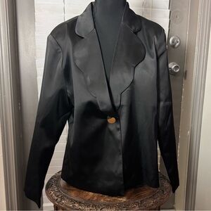 Elegant Unique Black Satin Women's Button Blazer, Size Medium